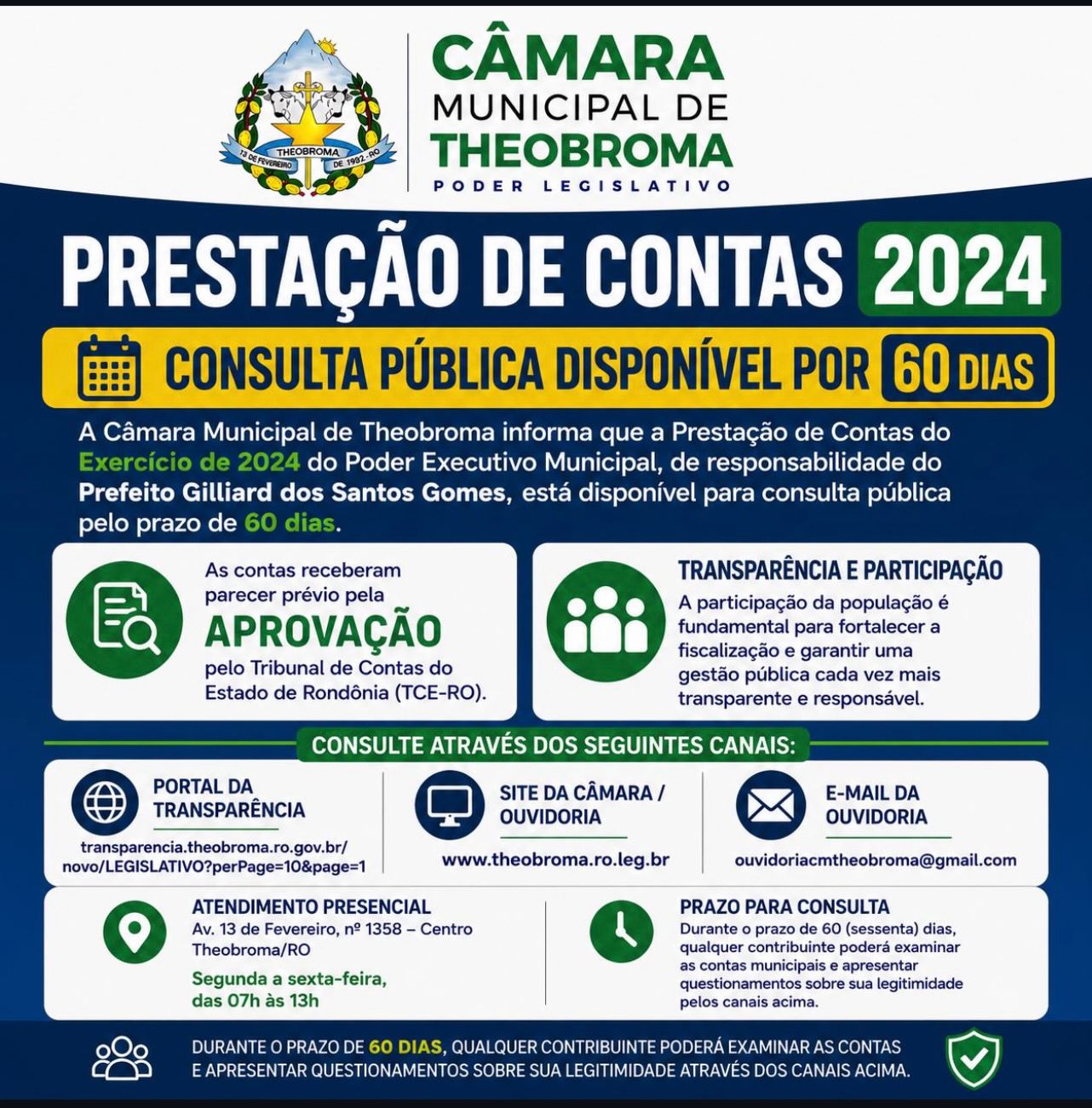 Câmara Municipal de Theobroma disponibiliza Prestação de Contas do Exercício de 2024 para consulta pública pelo prazo de 60 dias